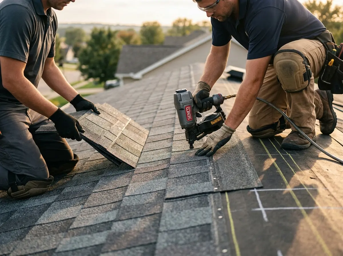 Professional roofer working on a residential roof in Westview